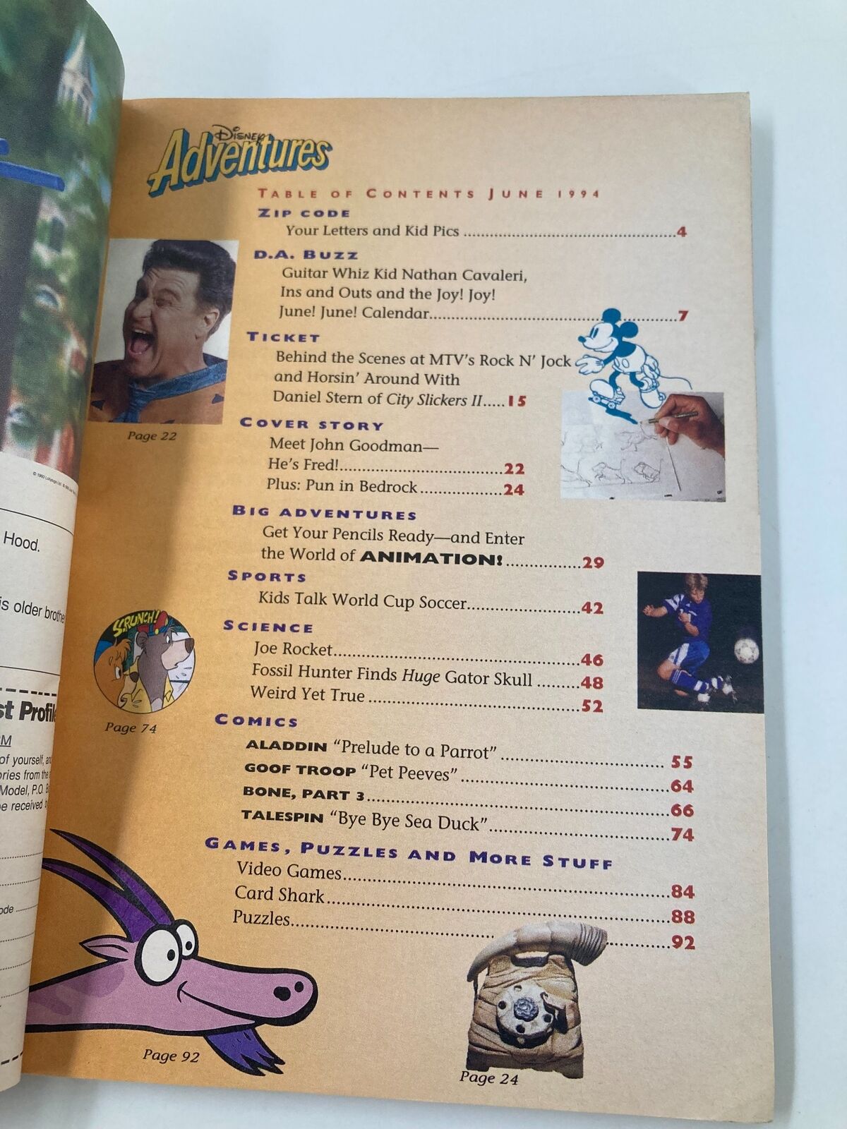 Table of contents from Disney Adventures Magazine June 1994, featuring stories, comics, and sections including a cover story on John Goodman as Fred Flintstone.