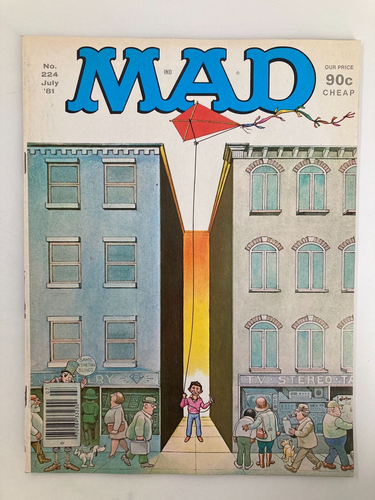 Cover of Mad Magazine July 1981 No. 224 featuring Alfred E. Neuman flying a red kite amid whimsical illustrations that showcase early 1980s pop culture and humor.