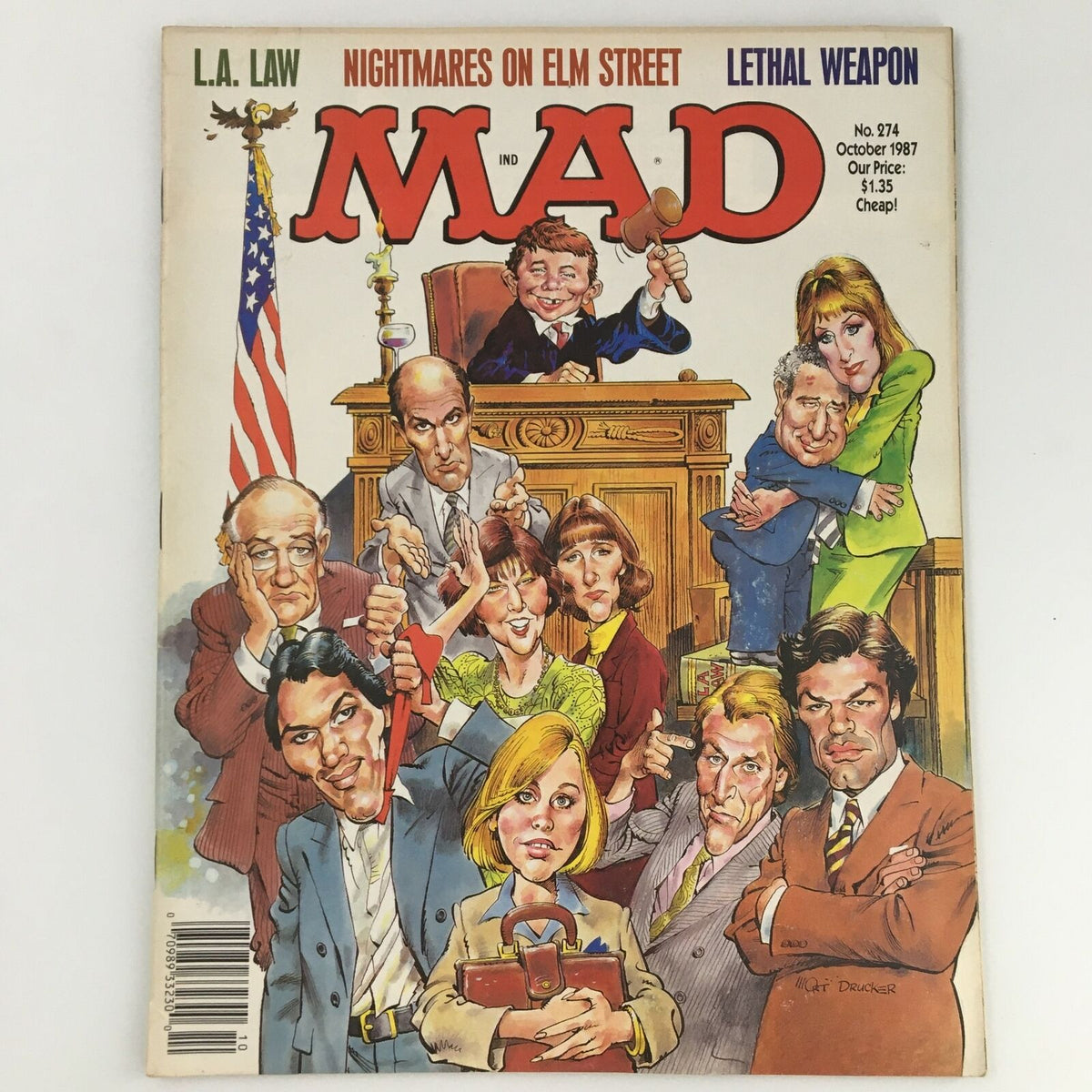 Cover of Mad Magazine October 1987 issue #274 featuring parodies of L.A. Law, Nightmares on Elm Street, and Lethal Weapon with colorful caricatures of characters and a courtroom scene.