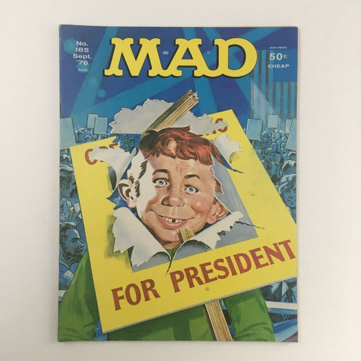 Cover of Mad Magazine September 1976 No. 185 For President featuring a humorous illustration of a boy with a sign, encapsulating the political satire typical of the magazine. Very Fine condition, collectible item.