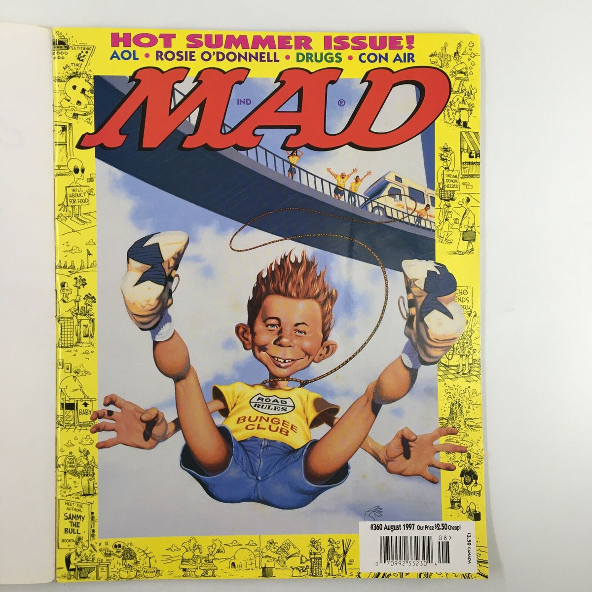 Cover of Mad Magazine August 1997 No. 360 featuring the theme 'Road Rules Bungee Club' with a humorous illustration of a boy bungee jumping, highlighting vintage pop culture and humor.