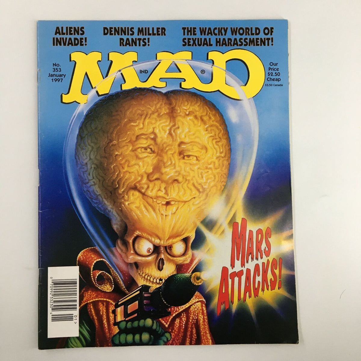 Cover of Mad Magazine January 1997 No. 353 featuring the theme 'Mars Attacks!' with a humorous alien illustration, iconic for its irreverent satire and vintage appeal.