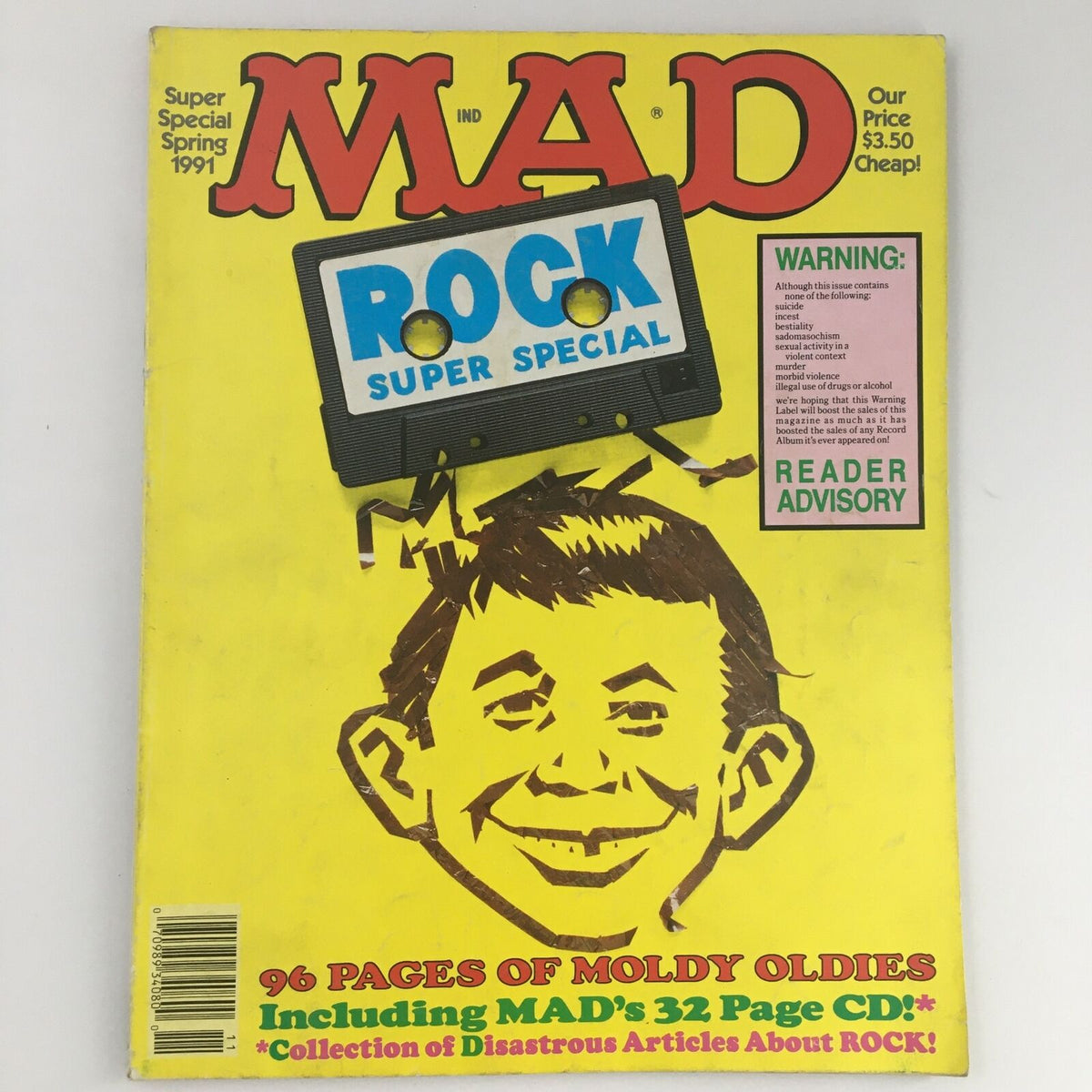 Cover of Mad Magazine Spring 1991 #74 Rock Super Special Issue featuring Alfred E. Neuman with a vibrant design and a cassette tape graphic, ideal for collectors and vintage magazine enthusiasts.