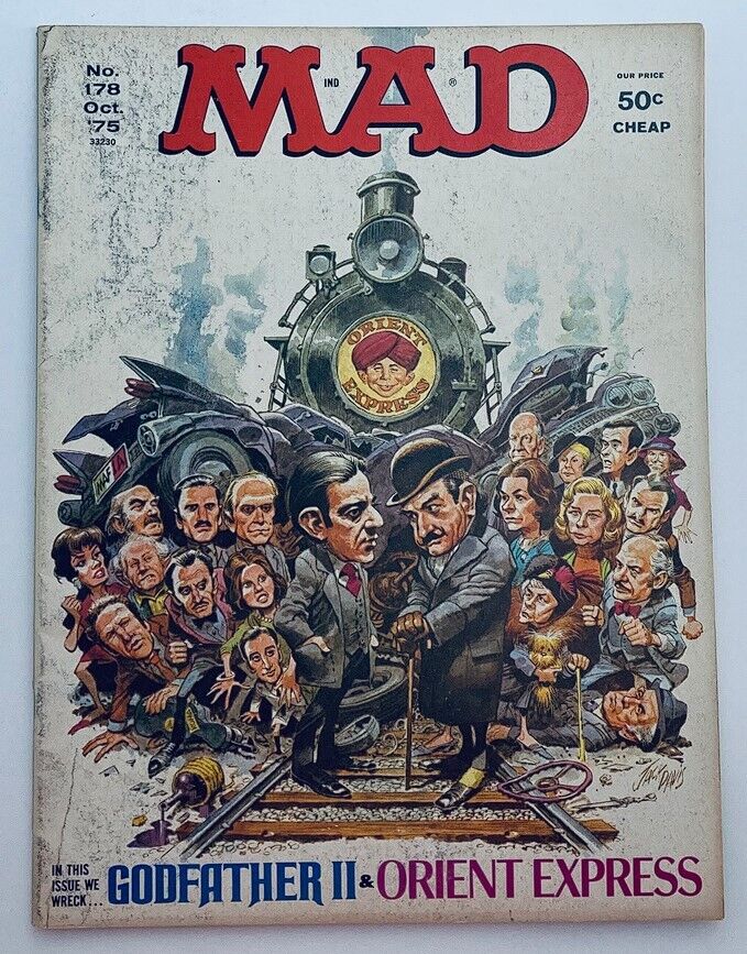 Cover of Mad Magazine October 1975 No. 178 featuring parodies of The Godfather II and Orient Express with vibrant illustrations and humorous character depictions, a collectible item for pop culture enthusiasts.