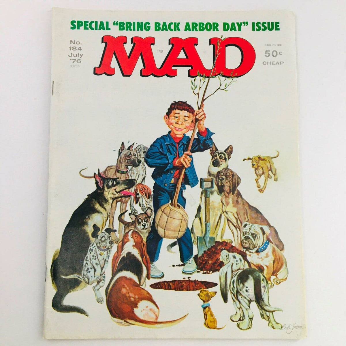 Cover of Mad Magazine July 1976 No. 184 Bring Back Arbor Day Issue featuring a boy holding a small tree with various dogs around him, illustrating humor and cultural commentary of the 1970s.
