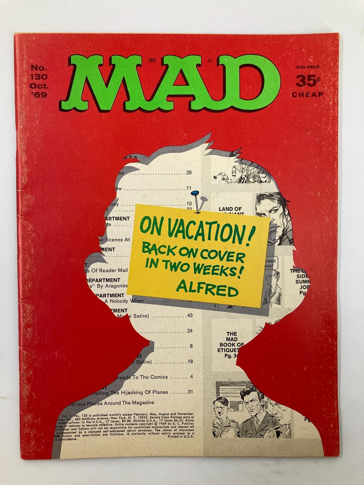 Mad Magazine October 1969 No. 130 with iconic cover featuring Alfred On Vacation, showcasing vintage humor and pop culture from the 1960s.
