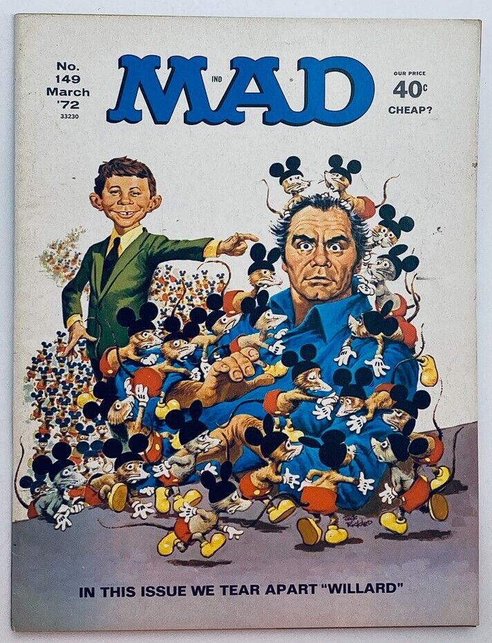 Cover of Mad Magazine March 1972 No. 149 featuring a satirical depiction of characters tearing apart 'Willard' with cartoon mice and humorous illustrations.