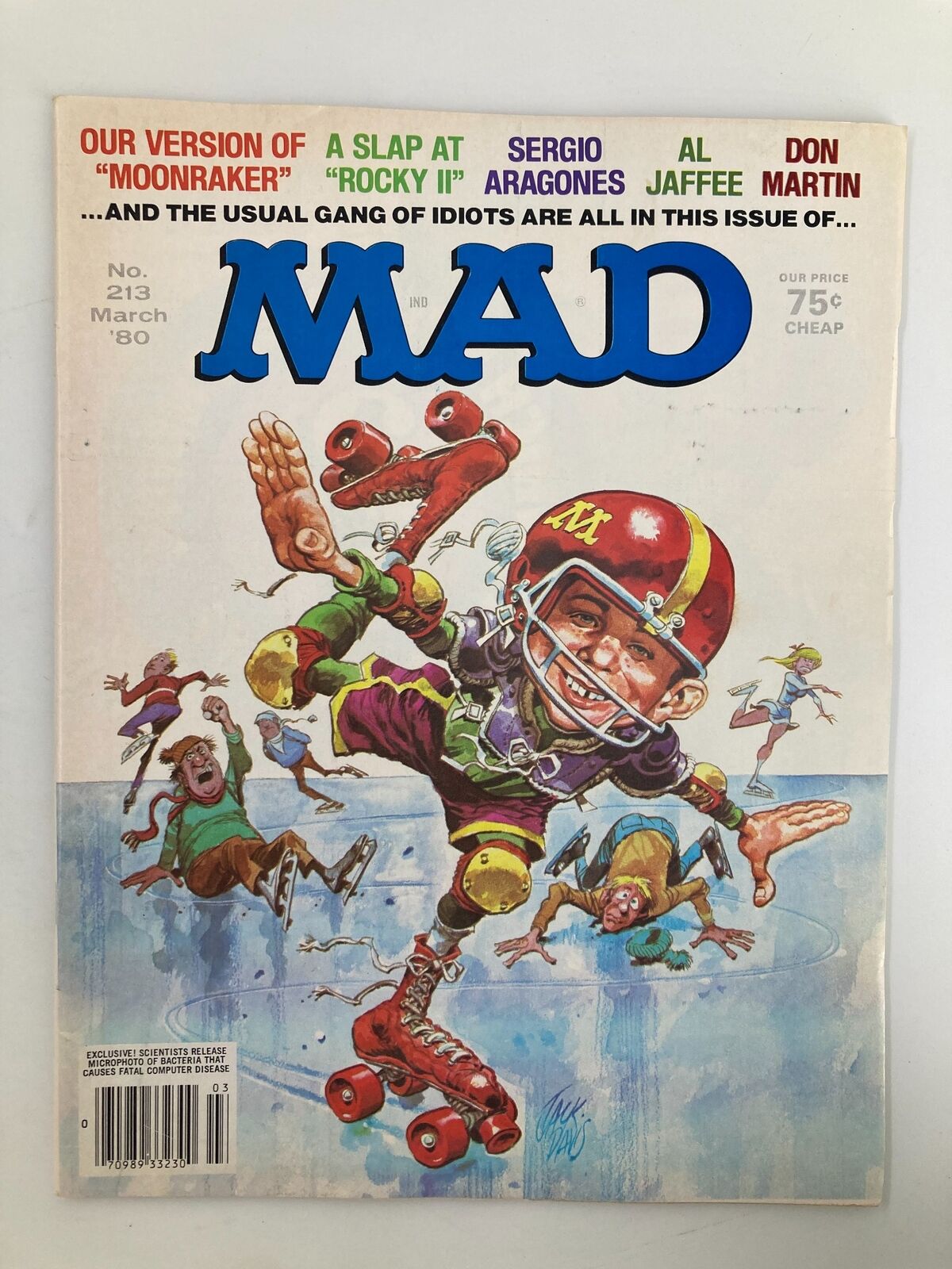 Cover of Mad Magazine March 1980 No. 213 featuring the parody 'Our Version of Moonraker', showcasing humorous illustrations of characters on roller skates, engaging in playful antics, highlighting the magazine's iconic style and wit.