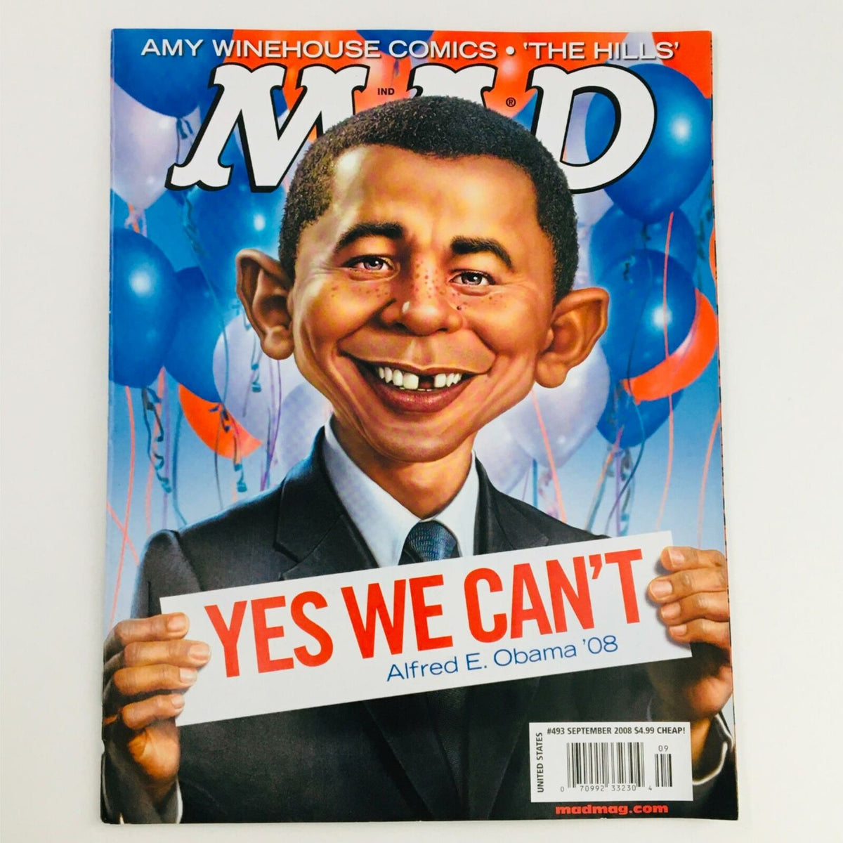 Cover of Mad Magazine September 2008 No. 493 featuring a caricature of Barack Obama with the caption "YES WE CAN'T" and the name Alfred E. Obama, reflecting political satire and pop culture humor.