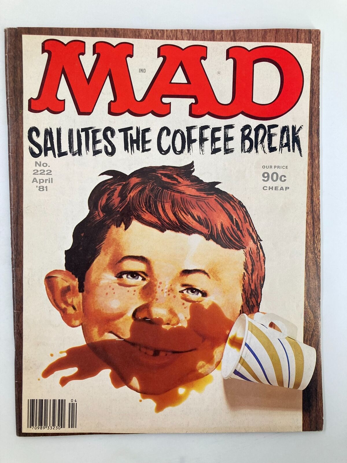 Mad Magazine April 1981 No. 222 cover featuring a humorous illustration celebrating coffee breaks, showcasing a smiling character with spilled coffee, highlighting its iconic style and appeal.