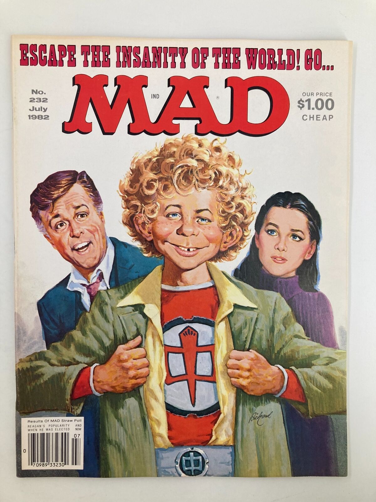 Cover of Mad Magazine July 1982, No. 232, titled 'The Insanity of the World'. Features playful cartoon-style artwork with a young boy in a green coat, flanked by two adults. The magazine highlights its price of $1.00 and is a collectible item for vintage magazine enthusiasts.