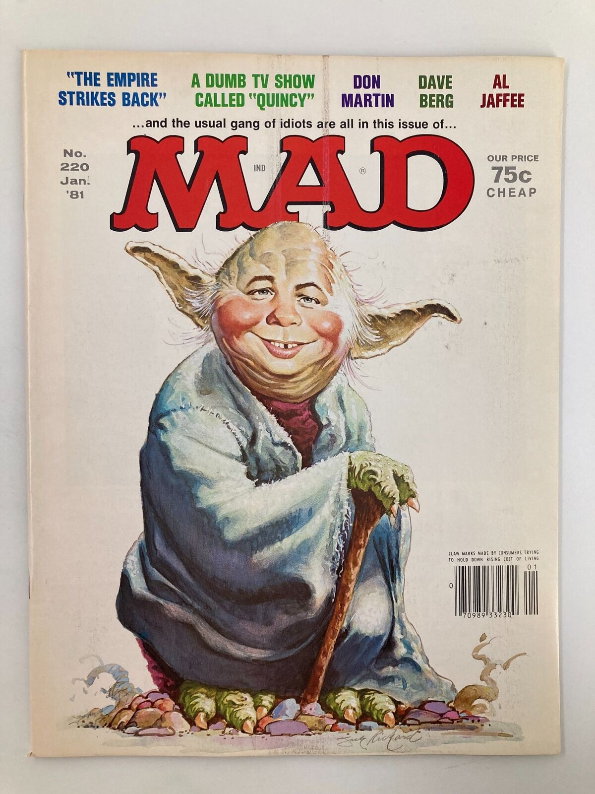 Cover of Mad Magazine January 1981, Issue No. 220 featuring a humorous illustration of Alfred Yoda, blending pop culture and satire, with headlines referencing 'The Empire Strikes Back' and other content.
