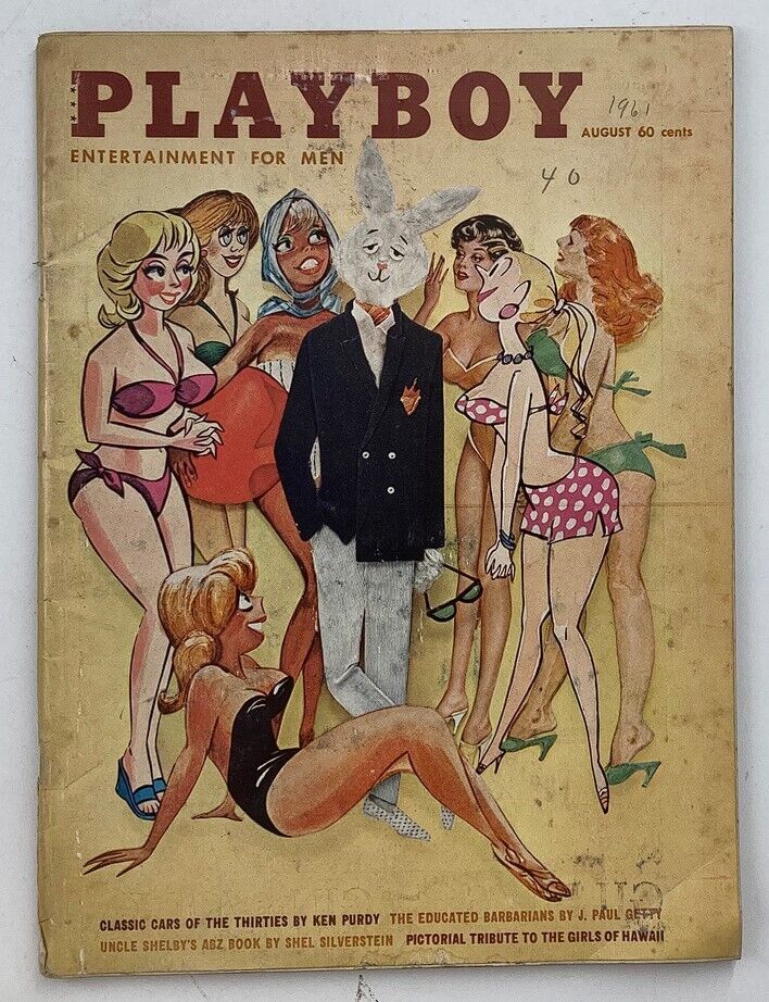 Vintage Playboy Magazine August 1961 featuring Karen Thompson on the cover, showcasing an artistic illustration with various characters in swimsuits.