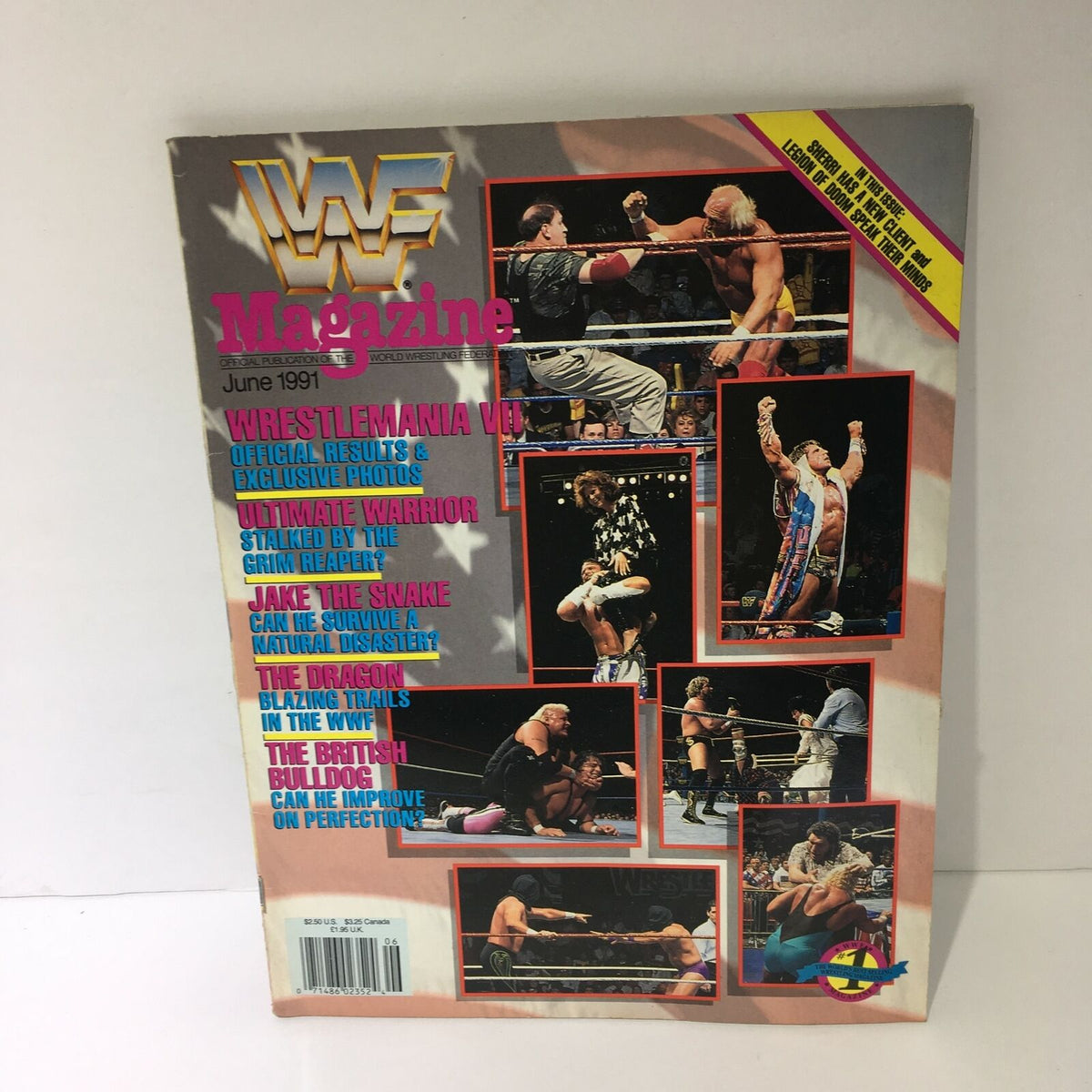 WWF Magazine: Wrestle Mania VII - Ultimate Warrior - June 1991, showcasing a vibrant magazine cover with wrestling images, featuring headlines like 'WrestleMania VII Official Results & Exclusive Photos' and 'Ultimate Warrior Stalked by the Grim Reaper'.