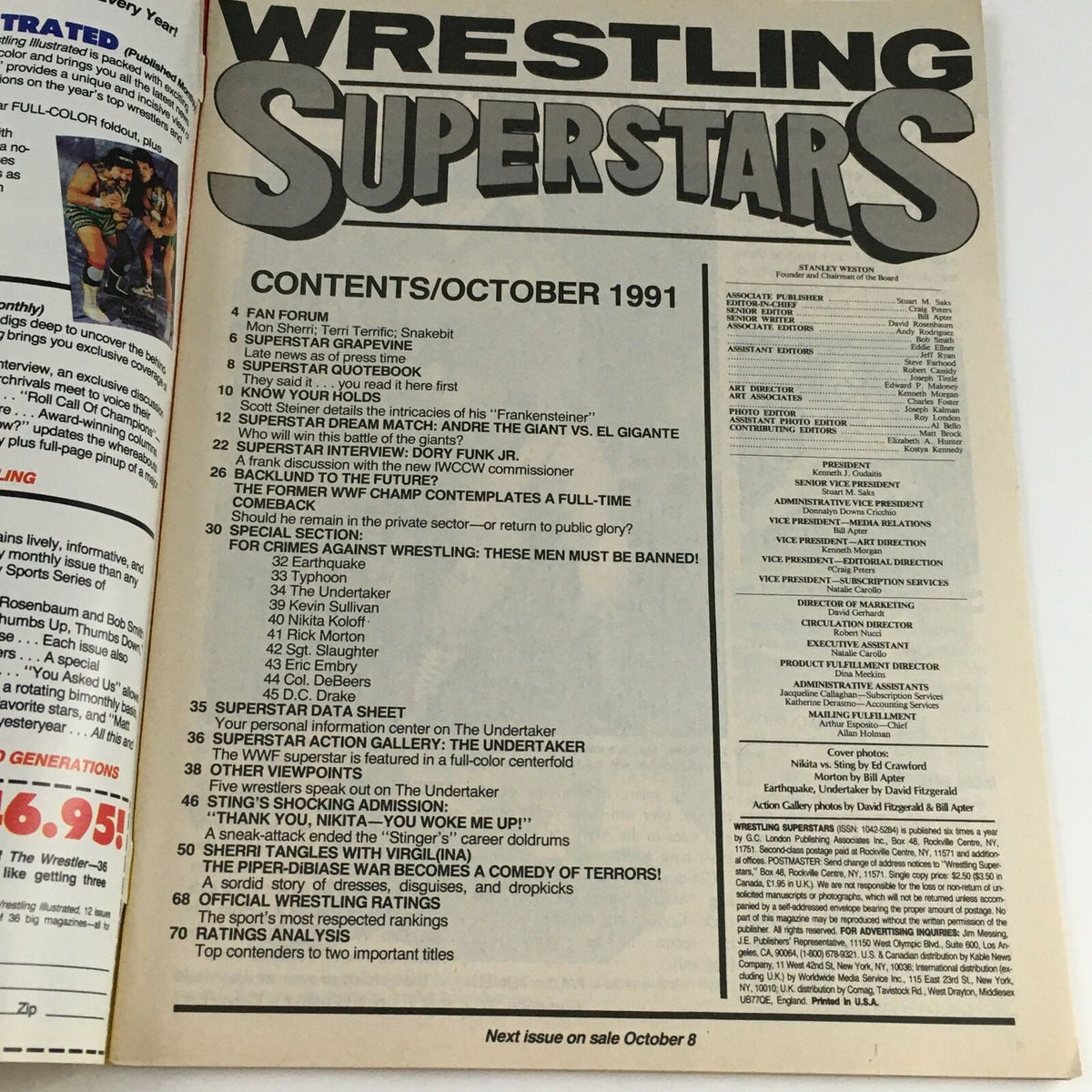 Contents page of Wrestling Superstars Magazine October 1991, detailing features including Andre The Giant vs. El Gigante.