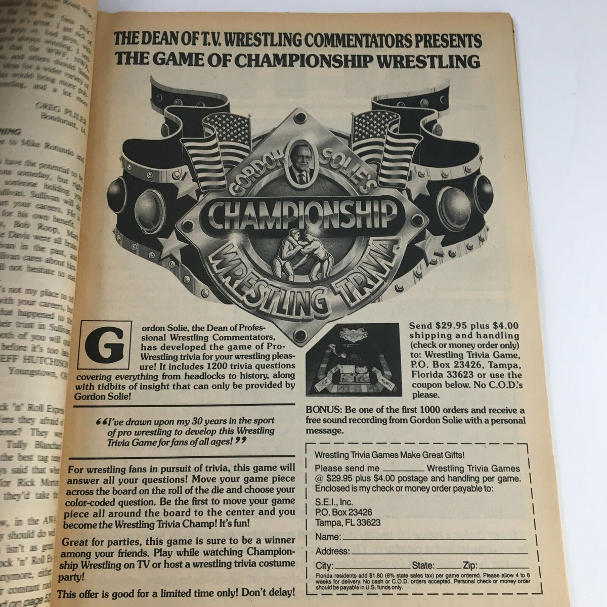 Interior page from Sports Review Wrestling Magazine June 1988 featuring the championship wrestling trivia game advertisement by Gordon Solie.
