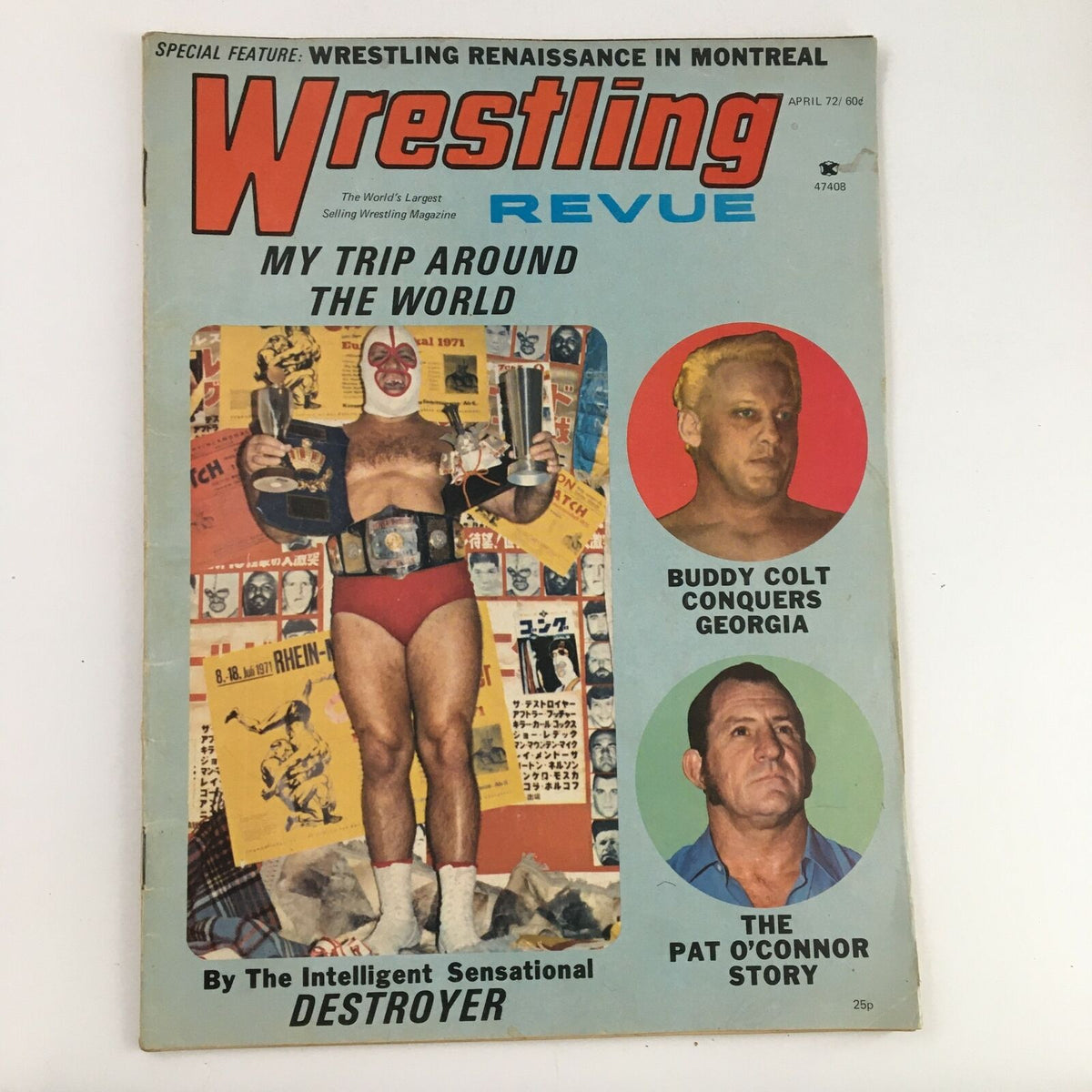 Wrestling Revue Magazine April 1972 cover featuring The Destroyer and stories on Buddy Colt and Pat O'Connor, showcasing vintage wrestling memorabilia.