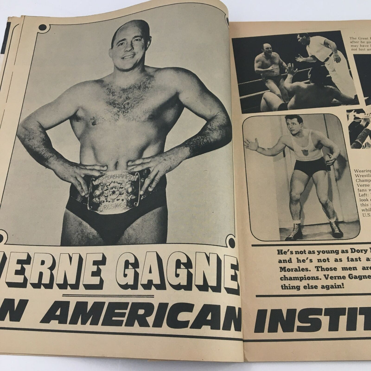 Inside Wrestling Magazine July 1972 article on Verne Gagne, showcasing the wrestling champion with his title belt and action shots.