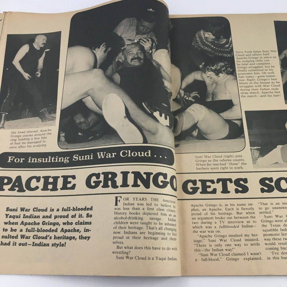 Inside Wrestling Magazine July 1972 featuring Apache Gringo and Suni War Cloud in a wrestling match, showcasing intense action and commentary on cultural issues in wrestling.