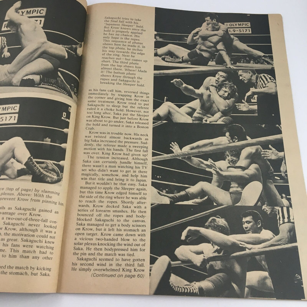 Inside Wrestling Magazine July 1972 depicts a wrestling match between Sakaguchi and King Krow, illustrating dramatic moments and technical wrestling moves.