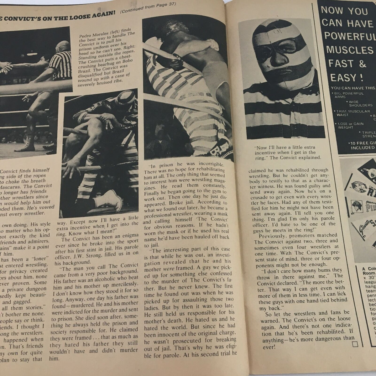 Inside Wrestling Magazine July 1972 shows wrestling action with The Convict in a match, discussing his backstory and the challenges of his character in the wrestling industry.