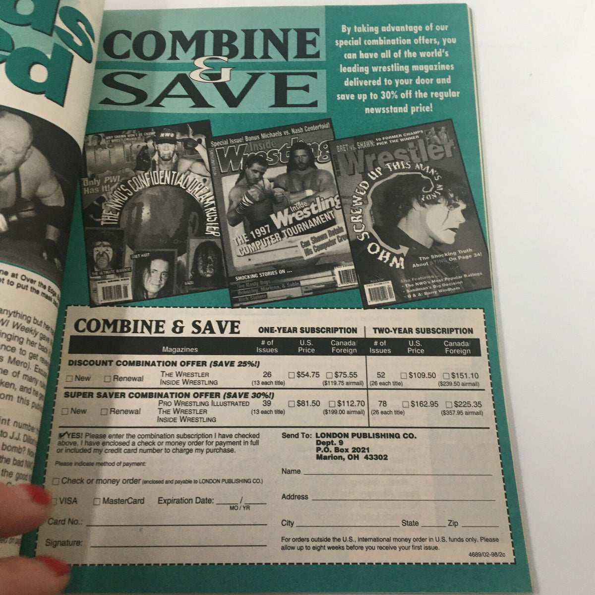 Page from The Wrestler Magazine November 1998 featuring a subscription offer and advertisements for other wrestling magazines alongside a promotional layout.