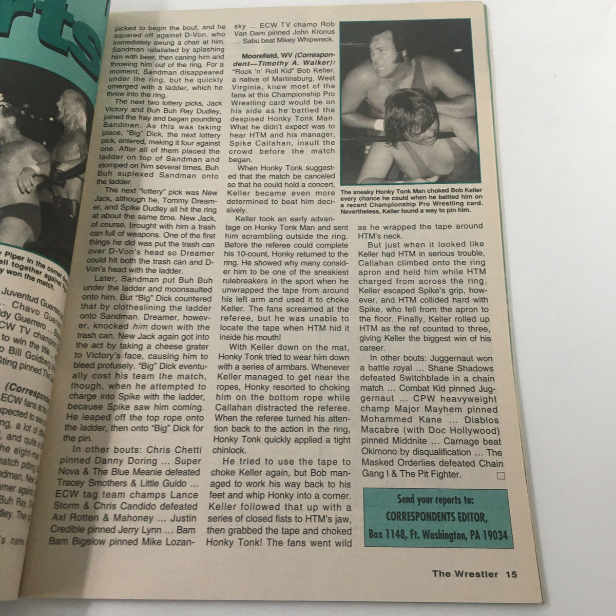 Content page of The Wrestler Magazine November 1998 detailing wrestling events and match results including notable wrestlers like Rob Van Dam and Honky Tonk Man.