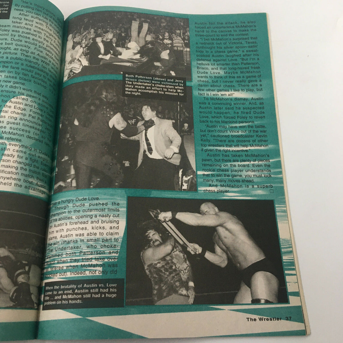 Article page from The Wrestler Magazine November 1998 highlighting the rivalry between Steve Austin and Vince McMahon with action shots from their matches.