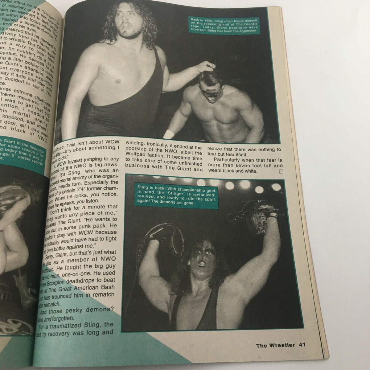 Featured article in The Wrestler Magazine November 1998 about Sting's wrestling comeback and his place in the NWO with accompanying images.
