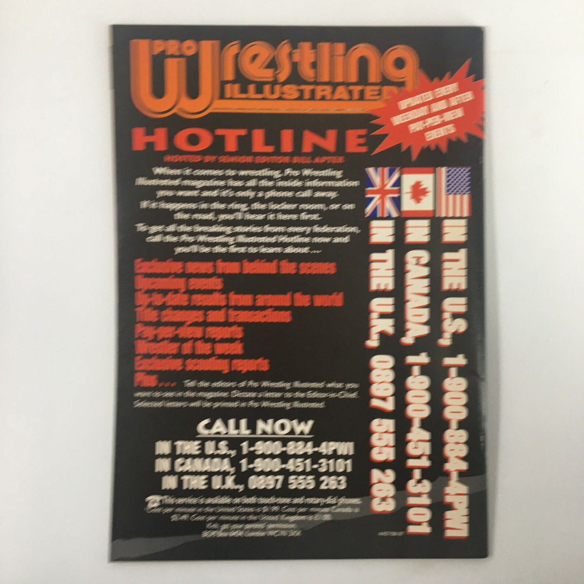 Pro Wrestling Illustrated magazine advertisement featuring a hotline for wrestling news, promoting access to exclusive content and events. This image relates to The Wrestler Magazine November 1998 featuring Steve Austin vs Vince McMahon.