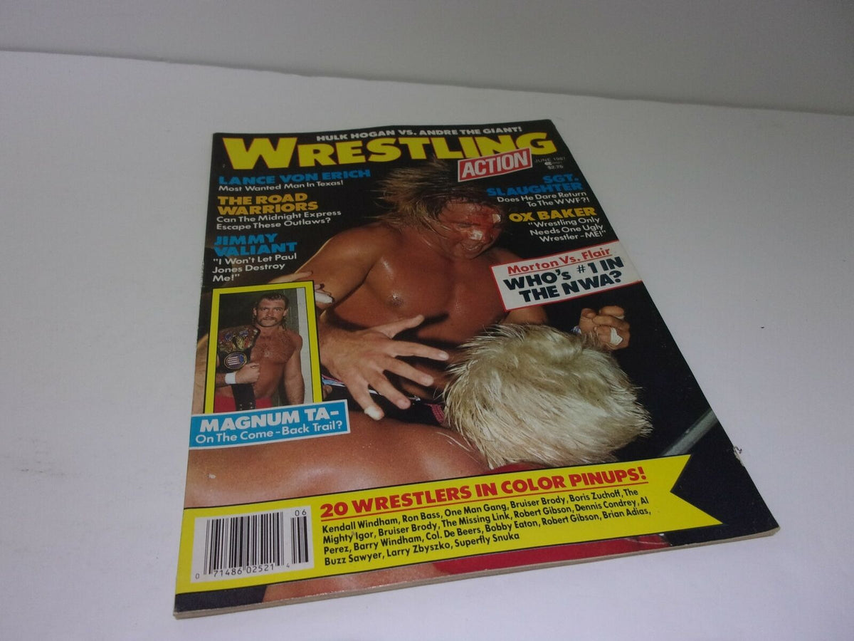 Cover of Wrestling Action Magazine: June 1987 featuring Lance Von Erich, highlighting the main event match Morton vs Flair and other wrestling superstars with colorful graphics and bold titles.