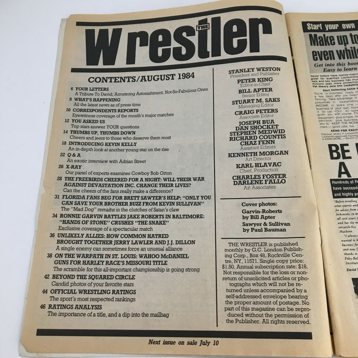 Interior page of The Wrestler Magazine August 1984 displaying the table of contents, showcasing features and articles about wrestling events and personalities.
