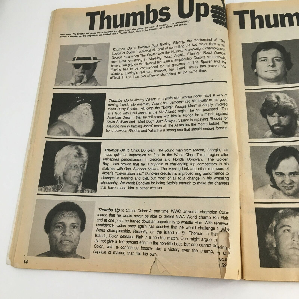 Interior page of The Wrestler Magazine August 1984 containing the 'Thumbs Up' section, highlighting various wrestlers and their achievements, contributing to the nostalgic wrestling culture.