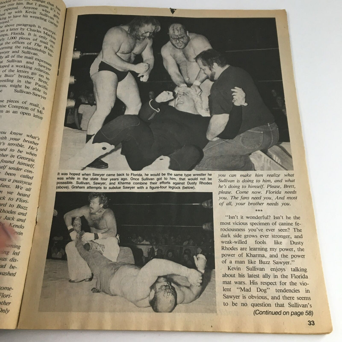 Dramatic wrestling scene from The Wrestler Magazine August 1984 showing multiple wrestlers in an intense match, illustrating the adrenaline of 1980s professional wrestling.