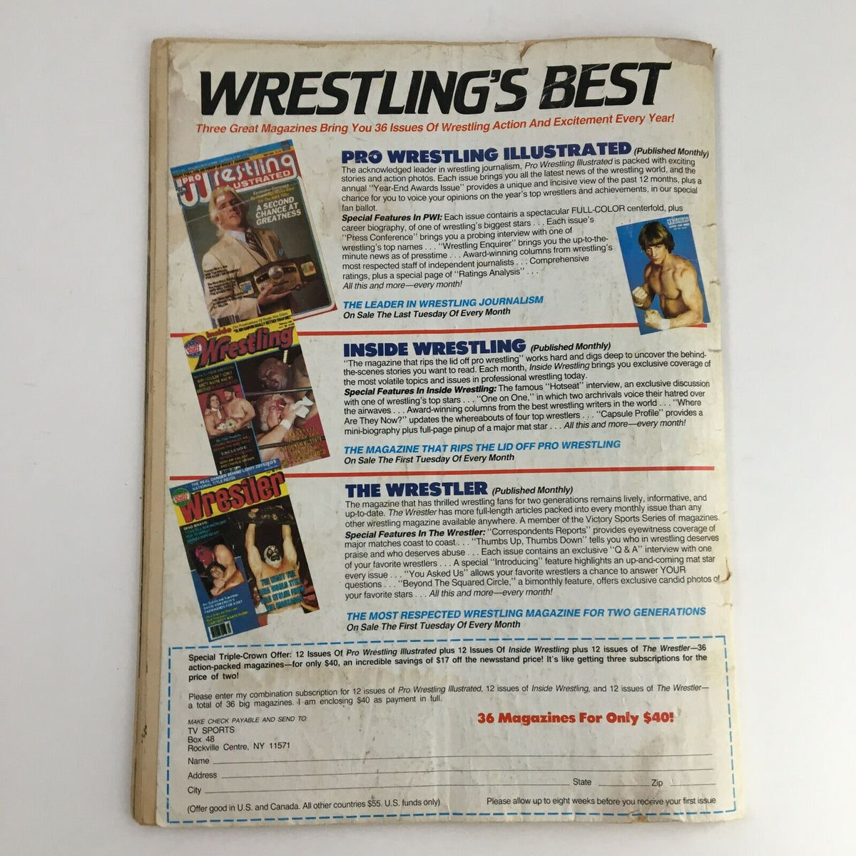 Back cover of The Wrestler Magazine August 1984 featuring promotional graphics for three wrestling magazines, emphasizing the excitement and variety in wrestling publications.