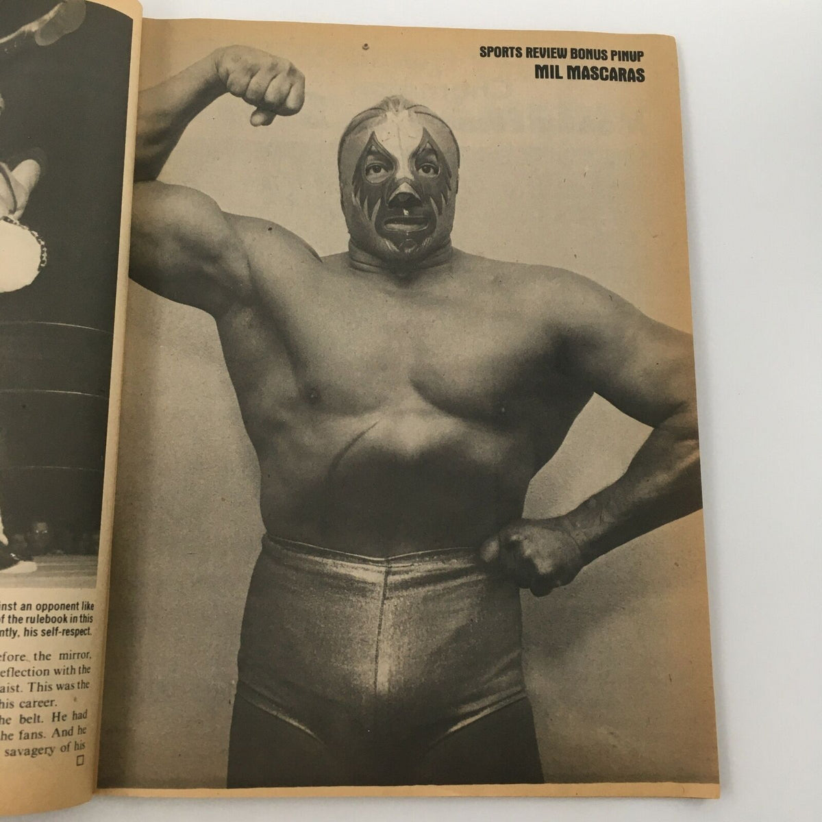 Vintage Sports Review Wrestling Magazine May 1980 bonus pinup featuring Mil Mascaras, showcasing the iconic masked wrestler in a powerful pose.