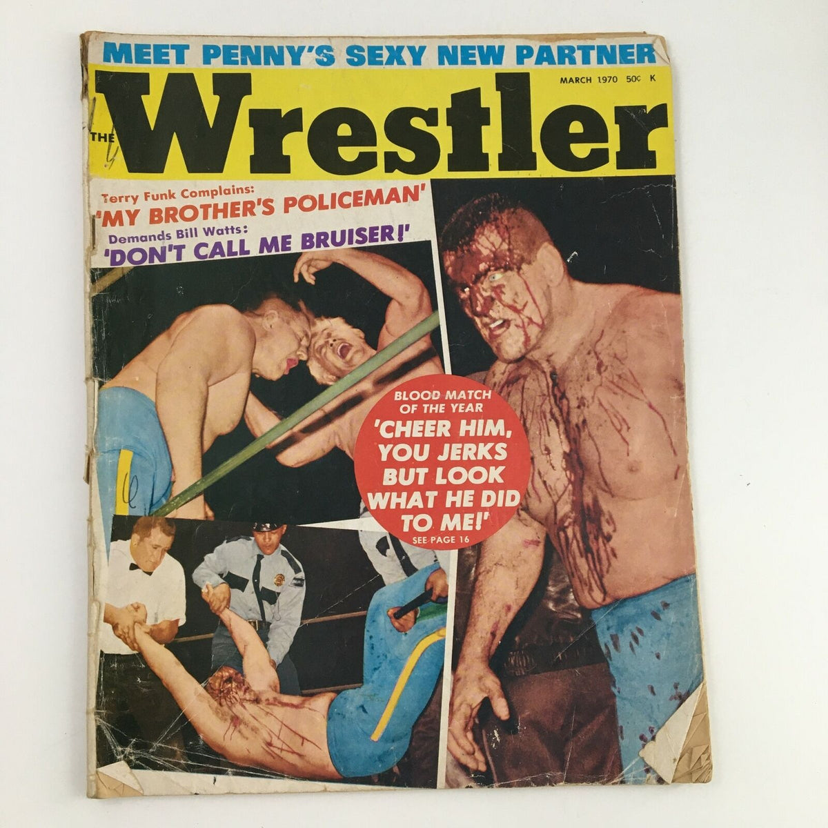 The Wrestler Magazine March 1970 cover featuring Terry Funk and Anne wrestling Grable, highlighting a dramatic blood match.