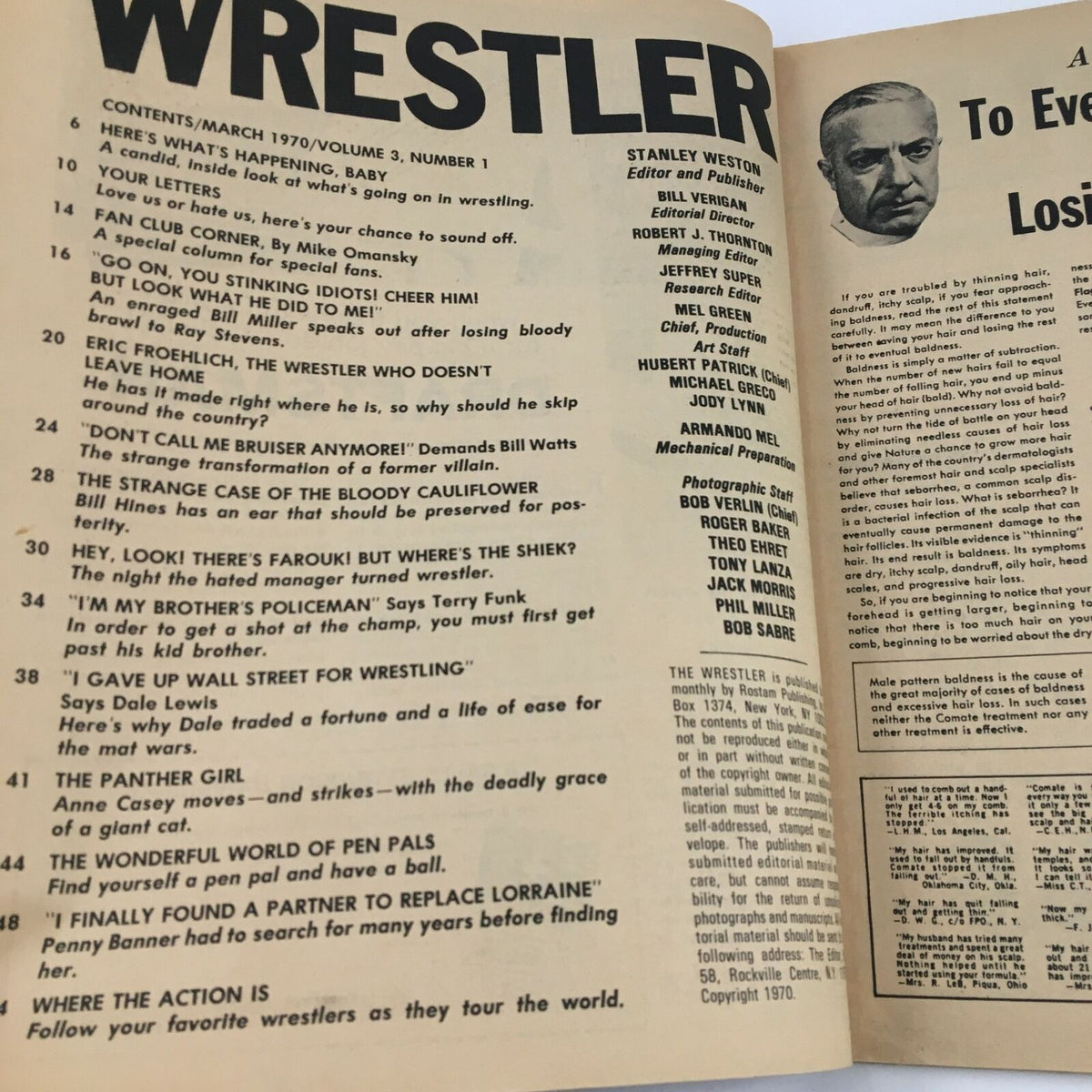 Inside page of The Wrestler Magazine March 1970 displaying the table of contents and feature articles.
