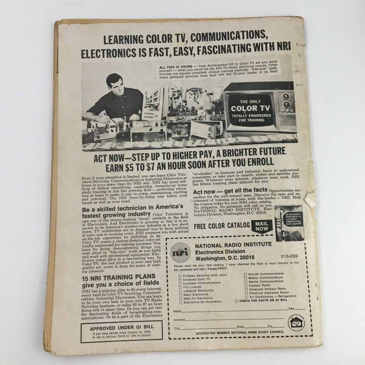 The Wrestler Magazine March 1970 shows the back cover advertisement for the National Radio Institute, promoting electronics courses with a photo of a technician.