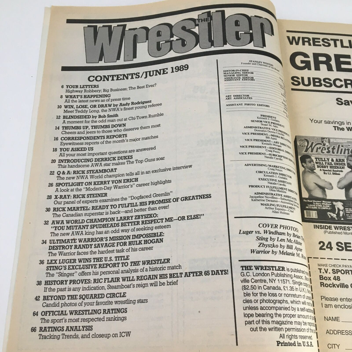 The Wrestler Magazine June 1989 table of contents page, listing articles and features including Lex Luger's victory and a report by Sting, encapsulating the essence of wrestling storytelling.