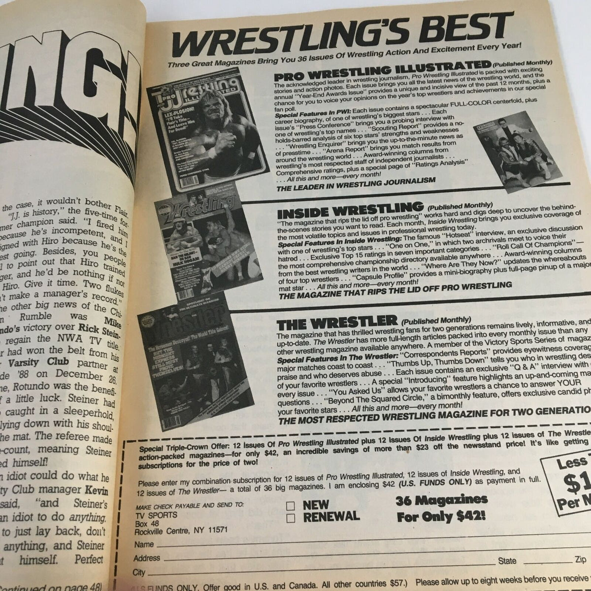 Inside page of The Wrestler Magazine June 1989, showcasing subscription options for wrestling magazines including Pro Wrestling Illustrated, Inside Wrestling, and The Wrestler. Ideal for collectors and fans of professional wrestling.