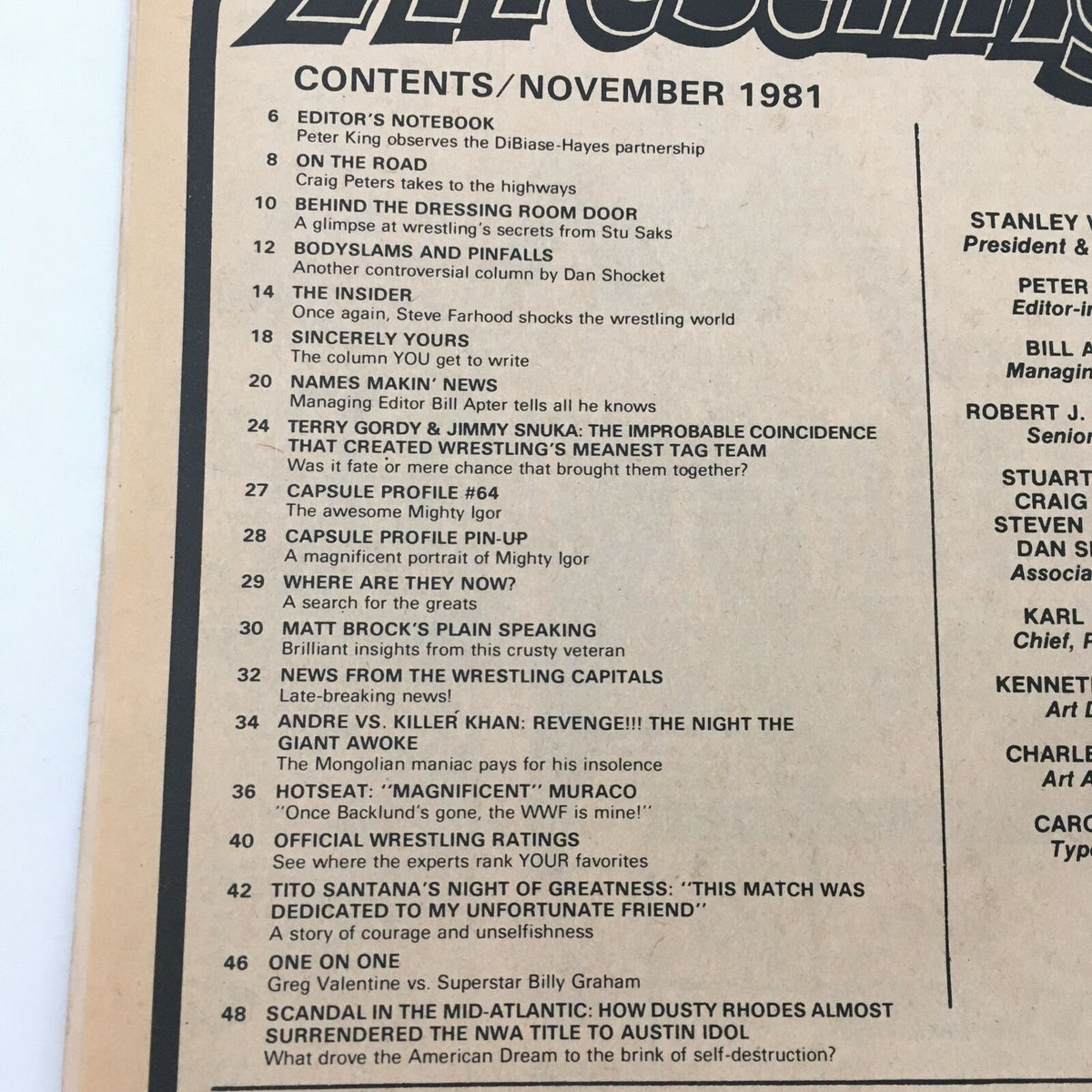 Table of contents for Inside Wrestling Magazine, November 1981, detailing featured articles including Andre vs. Killer Khan and insights into the wrestling world of the '80s.