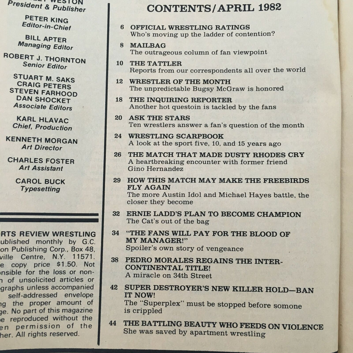 Table of contents page from Sports Review Wrestling Magazine April 1982. The page lists various articles and features including match highlights and wrestler profiles, showcasing the vintage wrestling scene and the magazine's content organization.