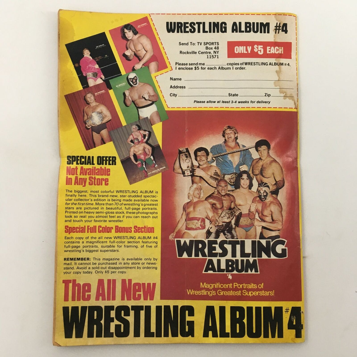 Covers of the Wrestling Album #4 showcasing various wrestling stars with a special offer and promotional details related to the album, emphasizing the excitement of professional wrestling.