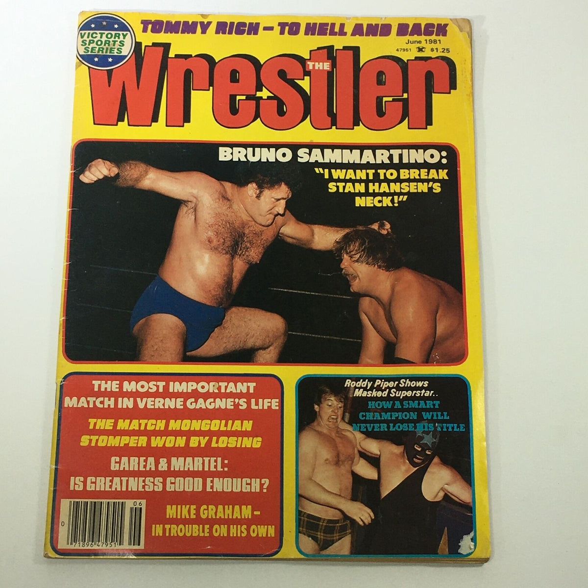 Vintage The Wrestler Magazine from June 1981 featuring Bruno Sammartino and Roddy Piper, showcasing the wrestling legends of the early 1980s in a colorful magazine cover.