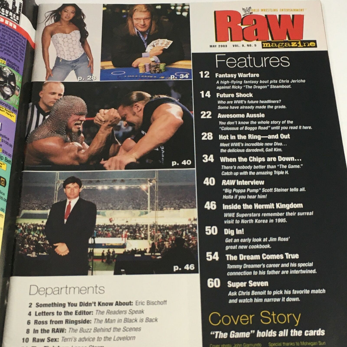 Inside page of WWE Raw Magazine May 2003 showcasing features including Chris Jericho and Ricky Steamboat, highlighting wrestling topics and stories.