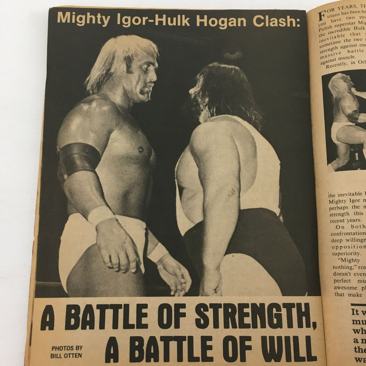 Image from The Wrestler Magazine December 1981 depicting the epic confrontation between Mighty Igor and Hulk Hogan, emphasizing their battle of strength.