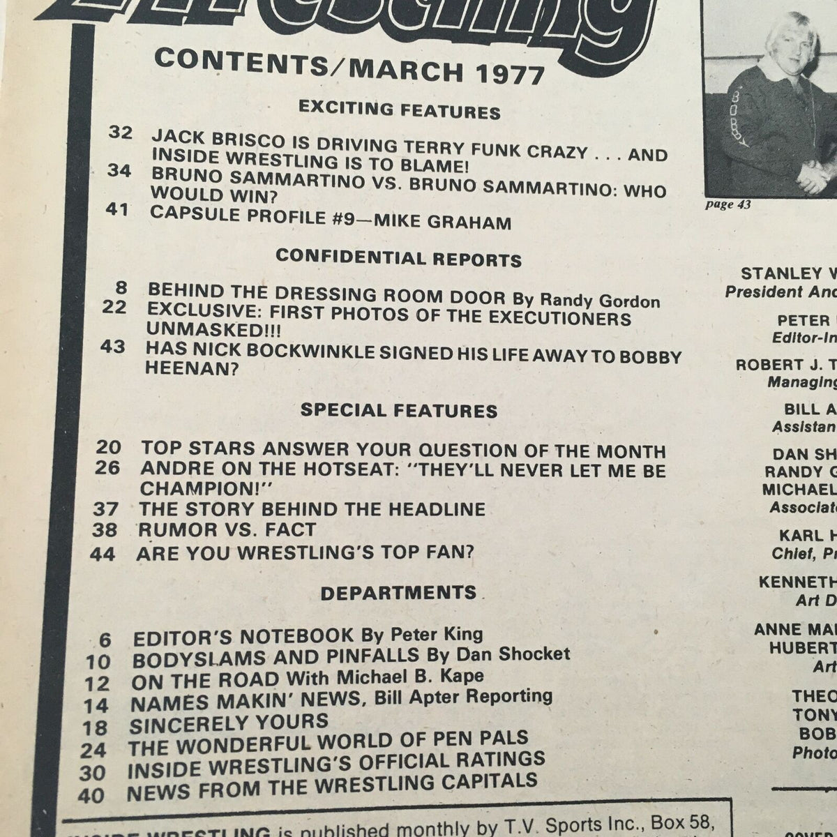Contents page of Inside Wrestling Magazine March 1977, detailing exciting features including Jack Brisco and Andre the Giant, and various wrestling stories from the era.