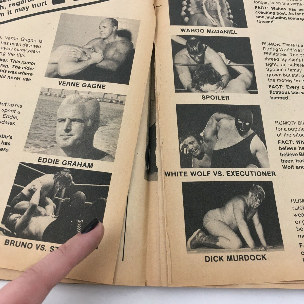 Inside Wrestling Magazine March 1977 featuring images of wrestling legends including Verne Gagne and Eddie Graham, along with notable match highlights.