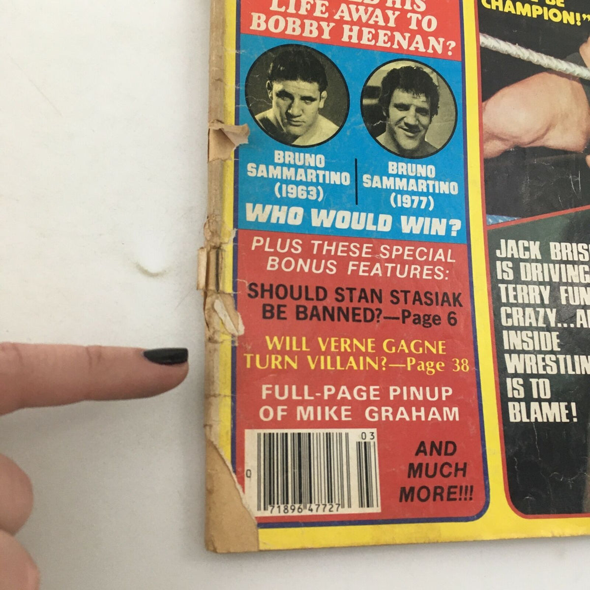 Inside Wrestling Magazine March 1977 showing the back cover with promotions for wrestling articles, including a feature on Verne Gagne's potential villainous turn.